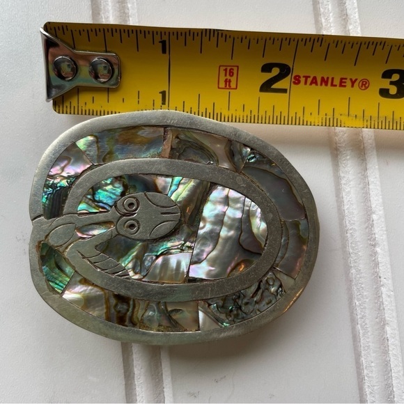 Vintage Alabone Shell Silver Large Belt Buckle Owl Bird Inlaid 1940s Mexico